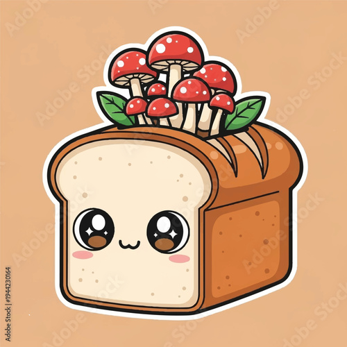A cartoon slice of bread with a smiling face and mushrooms on top, presented in a cute digital illustration style with warm tones on a peach background. Perfect for food blogs, social media
