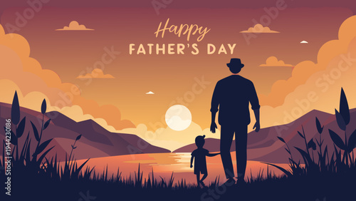 Vector illustration of father and child at sunset for Father's Day