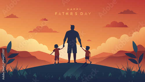 Vector illustration of father and kids on hill at sunset