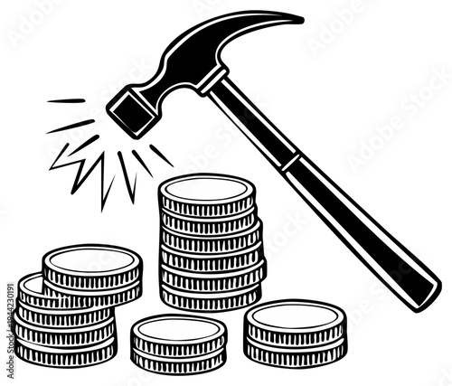 Hammer crashing down on a stack of coins, symbolizing financial trouble or economic crisis, illustration in bold black and white