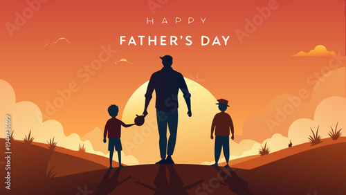 Father's Day vector illustration of dad and kids at sunset