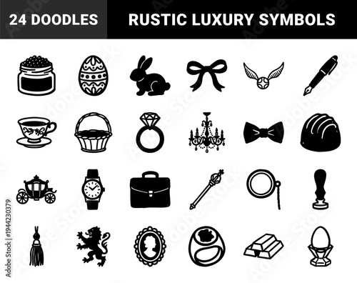 Vintage luxury and aristocratic heritage elements for elegant branding. Hand-drawn rustic ink sketch illustrations featuring royal and high-society lifestyle concepts.