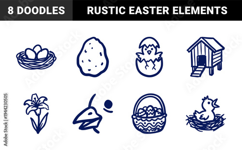 Hand-drawn Easter and spring farm elements for rustic branding. Naive marker sketch illustrations featuring chicks, eggs, lily, and chicken coop.