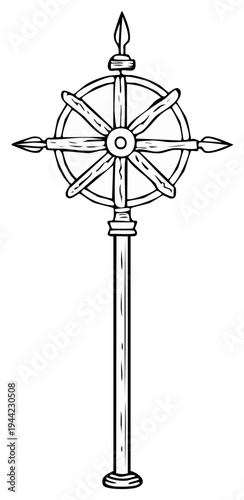 Buddhist Dharma Wheel Symbol on a Staff Line Drawing