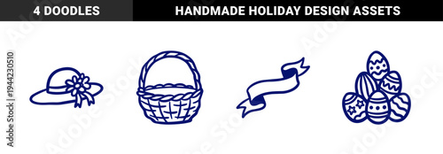 Hand-drawn Easter spring holiday elements for rustic brand identity. Naive marker sketch illustrations featuring wicker basket, sun hat, and decorated eggs.