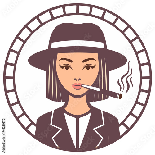Confident Woman in Fedora Smoking Cigarette with Smoke in Circular Frame Badge Illustration