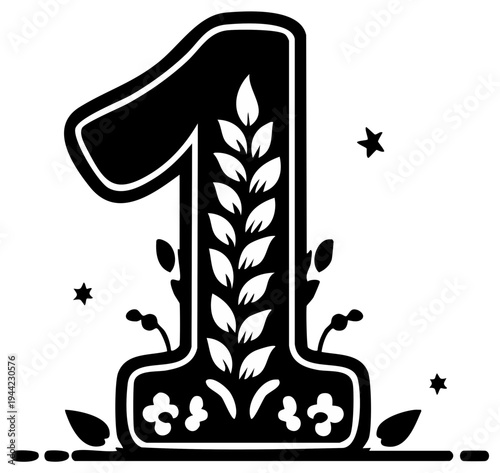 Ornate number one illustration with floral accents and stars, black and white design