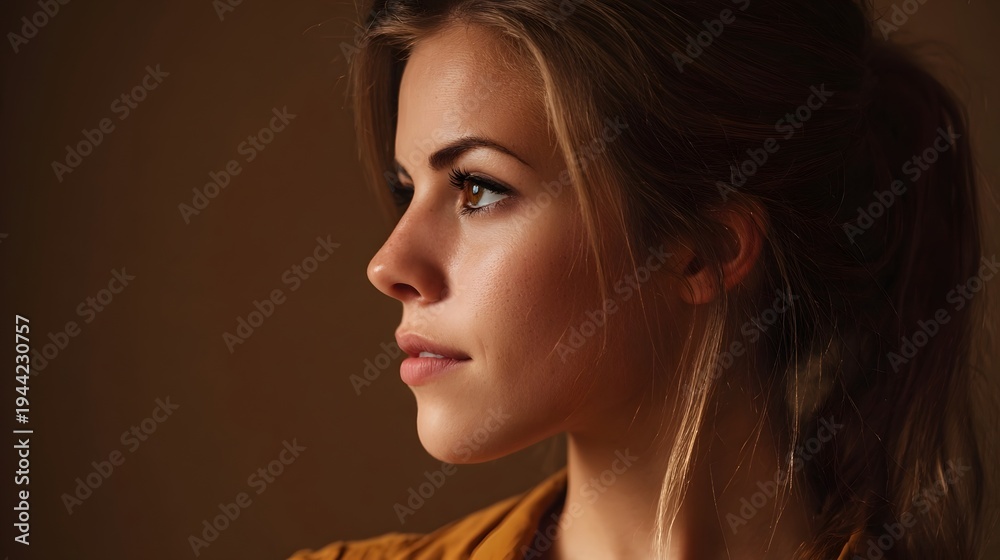 Fototapeta premium Profile portrait of a young woman with blonde hair and warm ambient lighting looking thoughtfully to the side