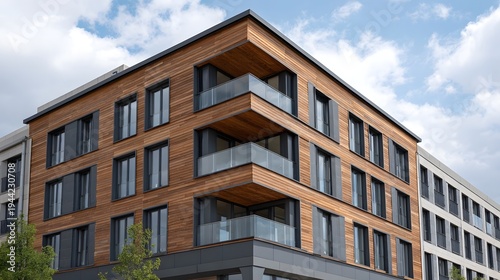 Contemporary urban building facade featuring warm wood cladding balconies and dark under a cloudy sky