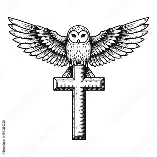 Barn Owl Perched on Christian Cross Vintage Sketch