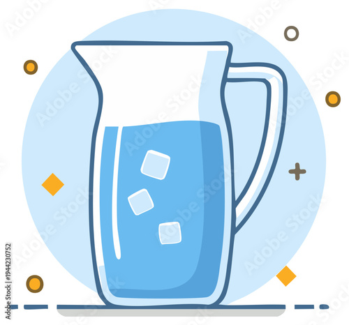 Stylized Illustration of Water Pitcher with Ice Cubes and Decorative Elements