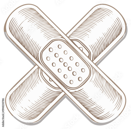 Two crossed adhesive bandages illustrated in a vintage engraved line art style