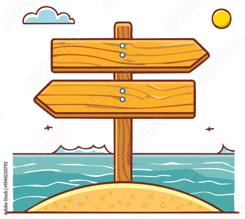 Cartoon illustration of a wooden signpost on a sandy island with the ocean, birds, a cloud, and the sun