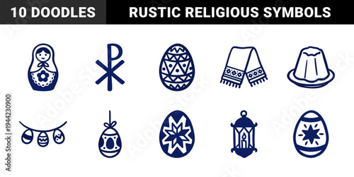 Traditional Eastern Orthodox Easter elements for cultural branding. Rustic hand-drawn naive doodle illustrations featuring pysanka eggs and religious symbols.
