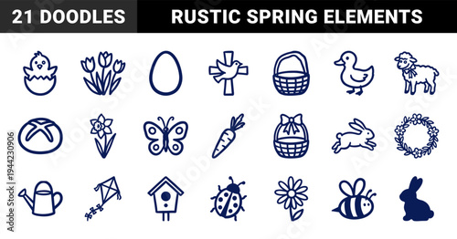 Hand-drawn Easter and spring celebration elements in a rustic monoline doodle style. Naive marker sketch illustrations of rabbits, eggs, and garden flora.