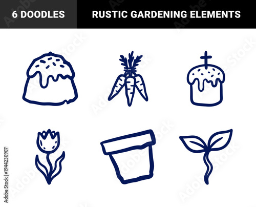 Hand-drawn Easter and spring gardening elements for rustic branding. Naive marker sketch illustrations featuring traditional cake, carrots, and botanical growth.