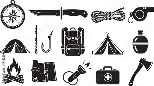 Camping and outdoor adventure icons and equipment set collection