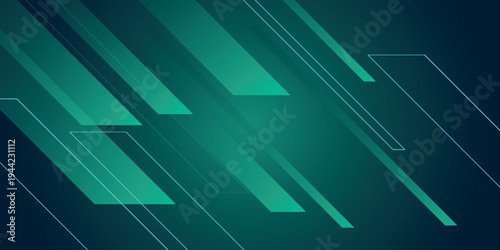 Abstract background with glowing neon green geometric shapes. Modern and futuristic design with dynamic horizontal line decoration. VOL. 4