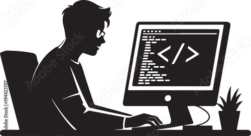 Silhouette of a programmer working on a computer male