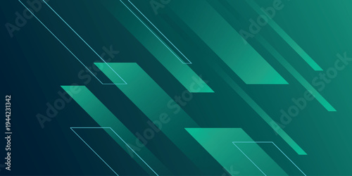 Abstract background with glowing neon green geometric shapes. Modern and futuristic design with dynamic horizontal line decoration. VOL. 5