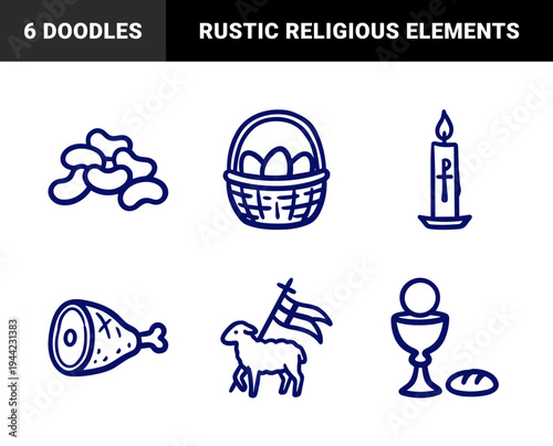 Hand-drawn Easter holiday and religious symbols for traditional celebration branding. Rustic, naive marker sketch illustrations featuring paschal lamb, candle, and festive food.
