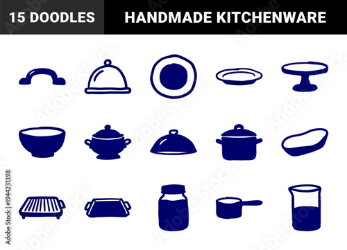 Hand-drawn kitchenware and dining elements for rustic brand identity. Naive marker sketch illustrations of pots, pans, and serving dishes.