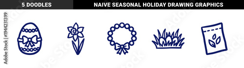 Hand-drawn Easter and spring garden elements with naive doodle aesthetic. Rustic marker sketch illustrations for seasonal branding and organic stationery.