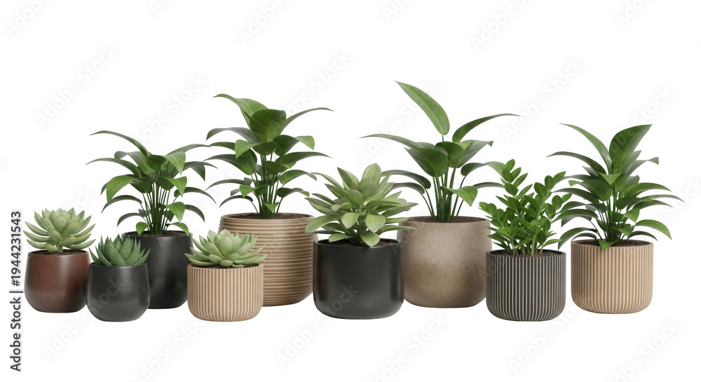 Obraz premium A vibrant collection of potted plants, including ferns, succulents, and palms, arranged on a transparent background, showcasing their unique textures and shapes.