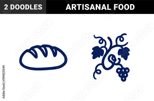 Rustic hand-drawn bread and grapevine illustrations for bakery and winery branding. Naive marker sketch elements featuring artisanal food and organic nature concepts.