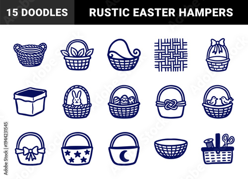 Hand-drawn woven baskets and Easter hampers in a rustic naive doodle style. Simple marker sketch illustrations for seasonal spring branding and organic garden packaging.