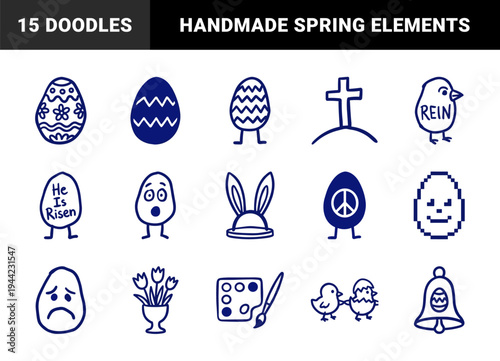 Hand-drawn Easter holiday doodles in a naive marker style. Rustic blue ink sketches featuring decorated eggs, spring chicks, and religious symbols.