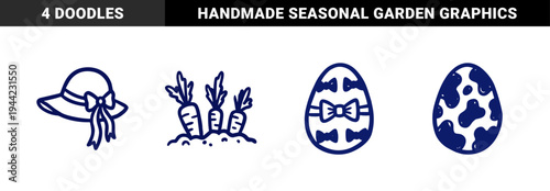 Hand-drawn Easter and spring gardening elements for rustic branding. Naive marker sketch illustrations featuring sun hat, carrots, and decorated eggs.