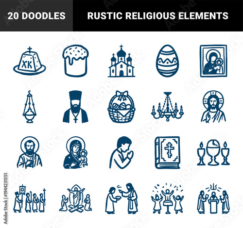 Orthodox Easter and Christian liturgy hand-drawn elements for religious branding. Rustic naive marker sketch illustrations featuring church, icons, and holiday traditions.