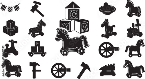Black and white toy icons for children and nursery