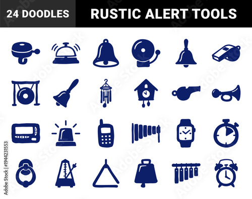 Hand-drawn auditory alert and timekeeping elements for creative branding. Rustic naive marker sketch illustrations featuring bells, clocks, and sound signals.