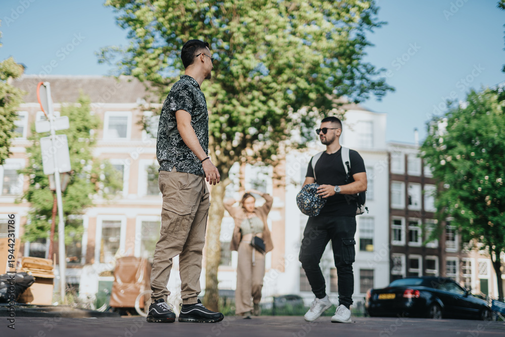 Obraz premium Two young men stand and talk on a sunny Dutch city street wearing casual clothes and backpacks. The pair socialize outdoors in a relaxed urban setting near historic canal houses.