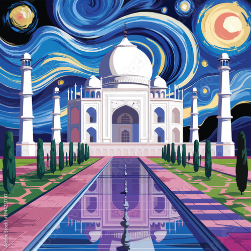 Taj mahal illustration in starry night style, famous indian landmark, travel destination