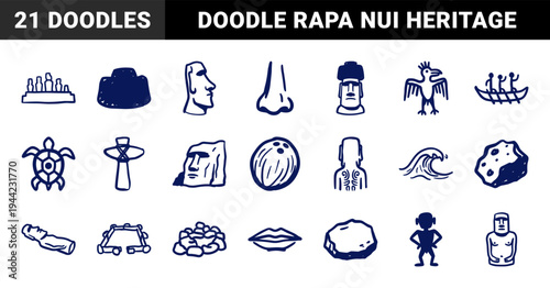 Easter Island Rapa Nui cultural elements in a naive marker sketch style. Rustic hand-drawn Moai statues, petroglyphs, and Polynesian heritage symbols.