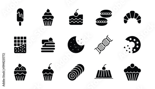 A collection of black pastry icons on a white background