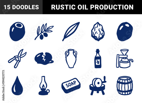 Hand-drawn olive oil production and Mediterranean harvest elements. Rustic naive marker sketch illustrations for organic food branding and traditional agriculture.