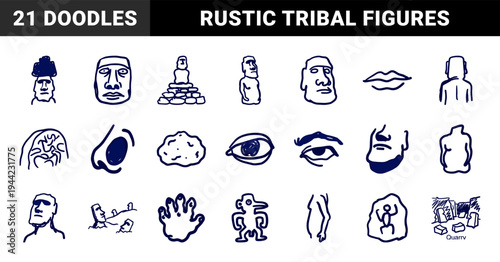 Easter Island moai statue doodles for tribal history and travel branding. Rustic navy blue marker sketches featuring Rapa Nui monoliths and petroglyphs.