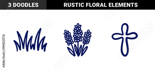 Hand-drawn botanical and spiritual elements in a naive blue marker style. Rustic organic doodles featuring spring flowers, garden grass, and a simple cross.