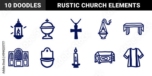 Christian religious symbols and liturgical objects in a naive marker sketch style. Rustic hand-drawn church elements for spiritual branding and ministry.