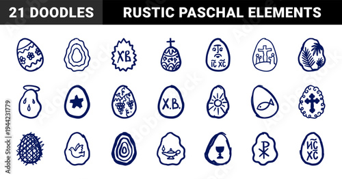 Hand-drawn Eastern Orthodox Easter symbols for religious brand identity. Naive marker sketch illustrations featuring Paschal eggs and Christian icons.