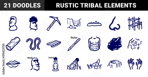 Easter Island Moai statues and archaeological elements in a crude marker sketch style. Naive hand-drawn Rapa Nui monoliths and tribal artifacts.