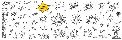 Doodle superhero effects. Cartoon elements of speed, action lines, fight, impact effects, SFX, emotional and explosion symbols. Hand drawn icon set. Vector illustration isolated on white background