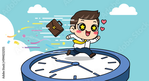 Cartoon illustration of a cheerful businessman jumping on a giant clock with a briefcase flying behind him in a colorful, whimsical scene with a light blue sky and white clouds.