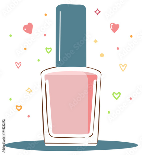 Playful pink nail polish bottle illustration surrounded by whimsical floating hearts and colorful dots
