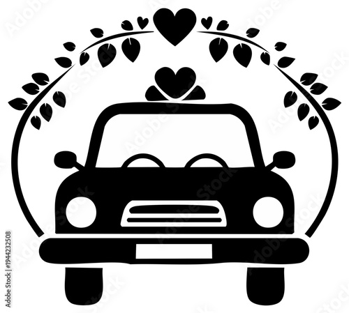 Stylized vintage car adorned with hearts and leafy arch illustration for wedding or love journey