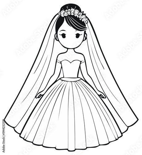 Cartoon bride in flowing veil and floral crown wearing a beautiful wedding dress
